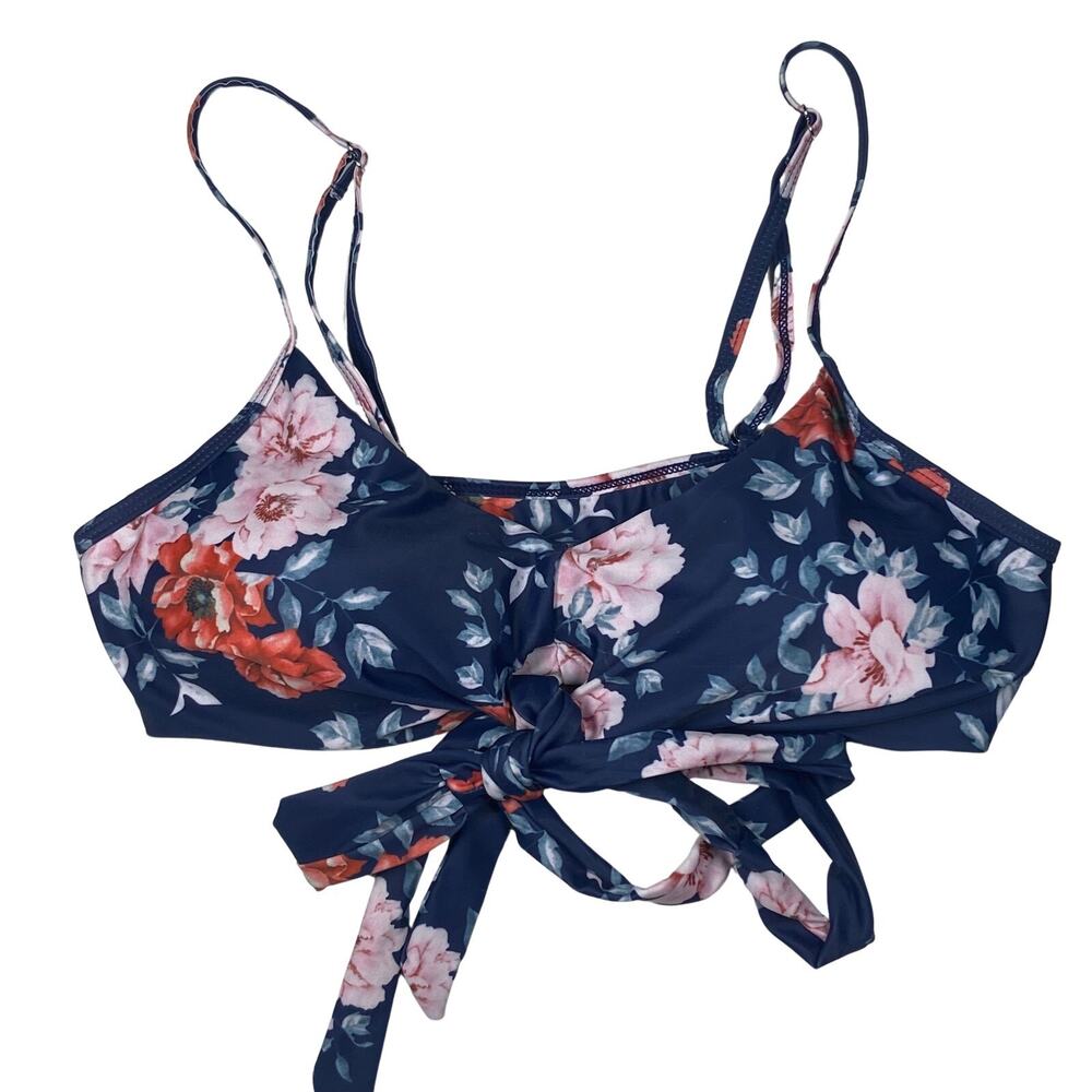 Floral Tie-Front Swim Top Womens Size Large Adjustable Straps Navy Pink Red